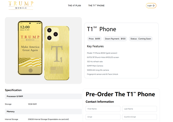 3582元！特朗普手機T1 Phone發(fā)布：土豪金色 后攝神似iPhone