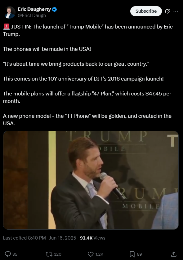 3582元！特朗普手機T1 Phone發(fā)布：土豪金色 后攝神似iPhone