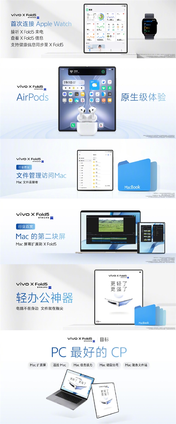 vivo X Fold5支持連接Apple Watch 安卓史上第一次
