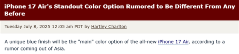 接替遠(yuǎn)峰藍(lán)！iPhone 17 Air新配色曝光：淡雅藍(lán)色調(diào)或成主打