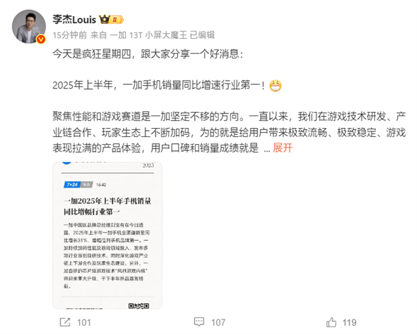 全行業(yè)第一！一加上半年手機銷量同比大增31%